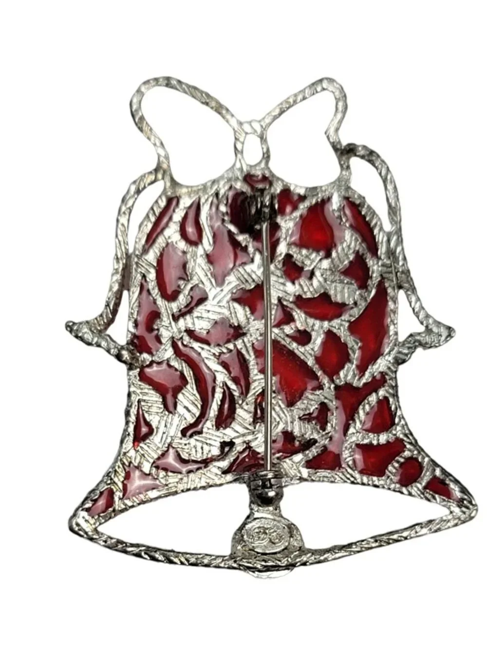 Danecraft Silvertone Red Plique A Jour Style Christmas Bell Pin Brooch, Signed